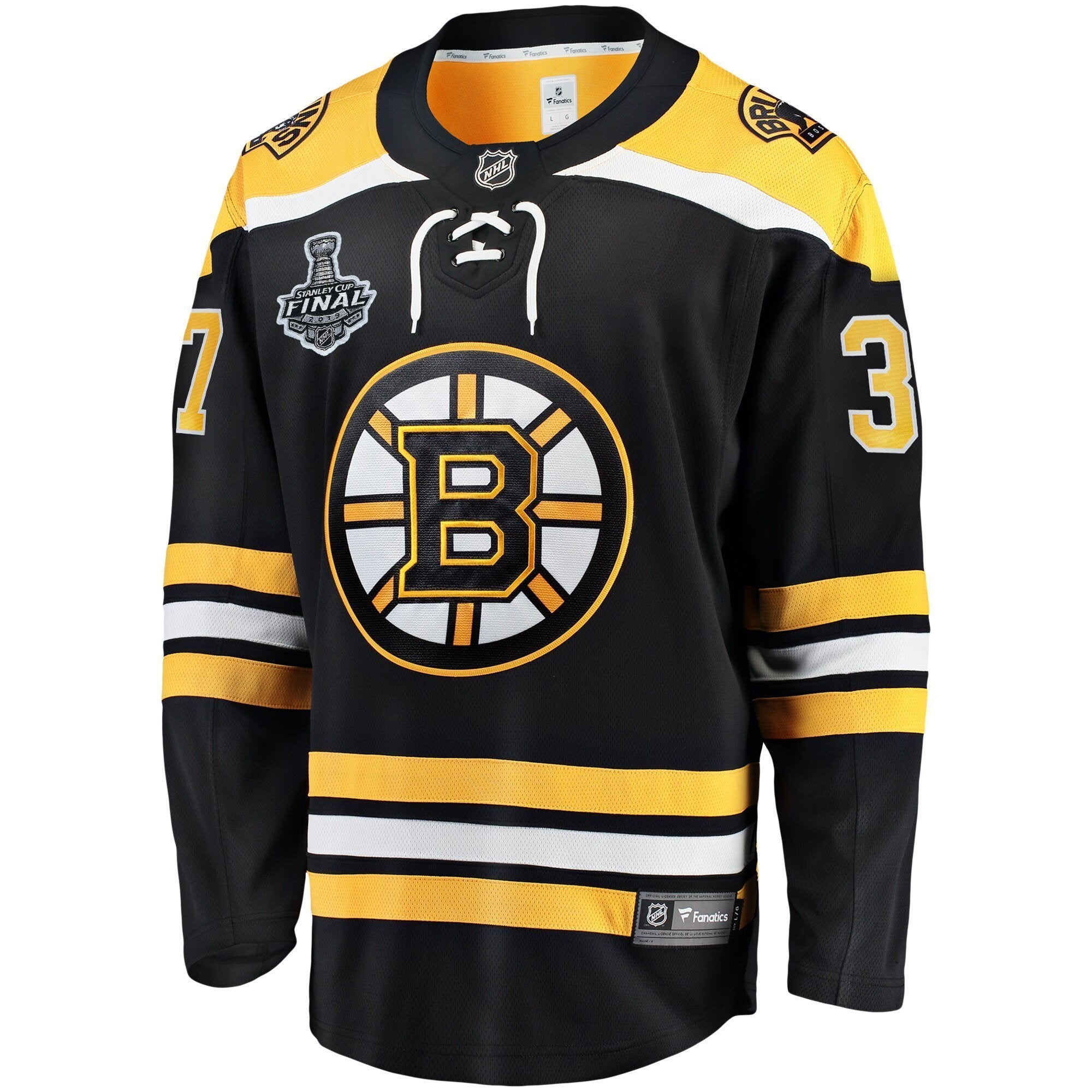 Men s Boston Bruins Patrice Bergeron Fanatics Branded Black 2019 Stanley Cup Final Bound Home Breakaway Player Jersey Black Yellow