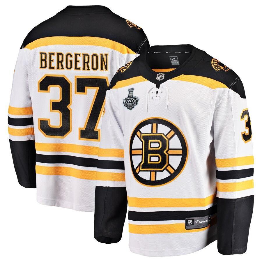 Men s Boston Bruins Patrice Bergeron Fanatics Branded White 2019 Stanley Cup Final Bound Away Breakaway Player Jersey White