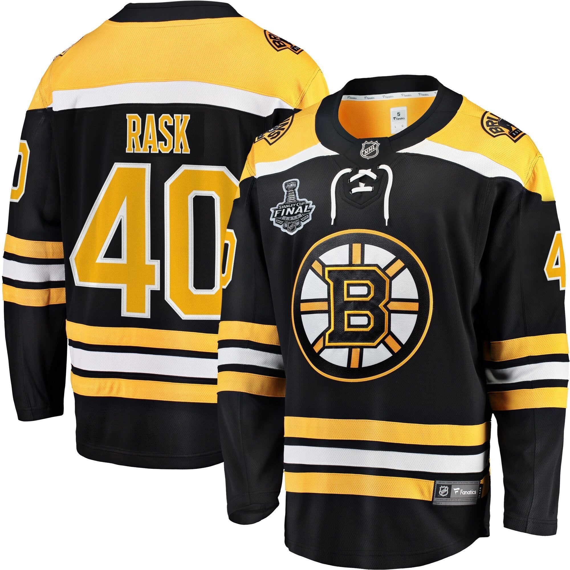 Men s Boston Bruins Tuukka Rask Fanatics Branded Black Home 2019 Stanley Cup Final Bound Breakaway Player Jersey Black Yellow