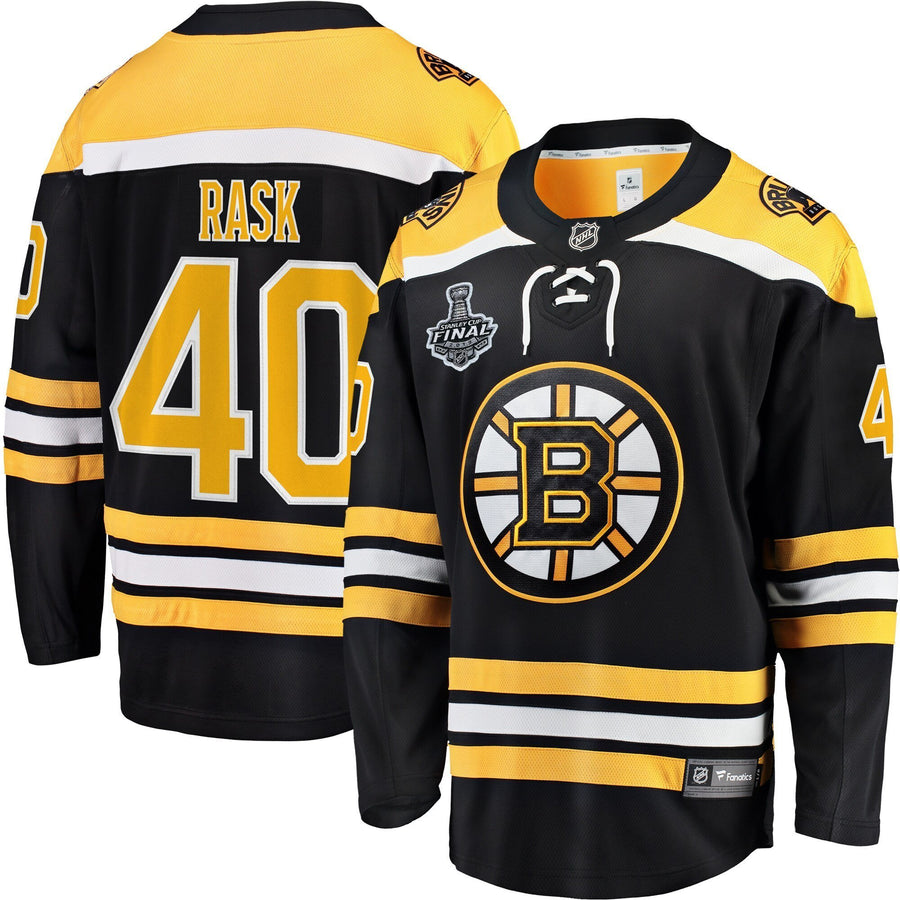Men s Boston Bruins Tuukka Rask Fanatics Branded Black Home 2019 Stanley Cup Final Bound Breakaway Player Jersey Black Yellow