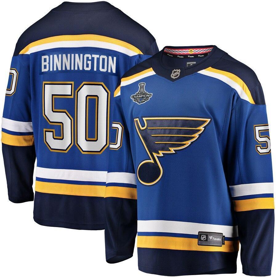 Men's St. Louis Blues Jordan Binnington Fanatics Branded Blue 2019 Stanley Cup Champions Home Breakaway Player Jersey